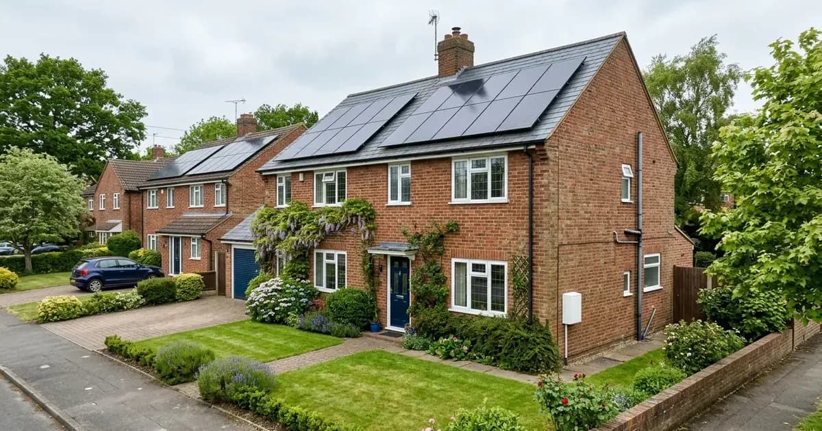 English suburban brick house with rooftop solar panels and exterior utility meter cabinet. — SolarNevs spec card