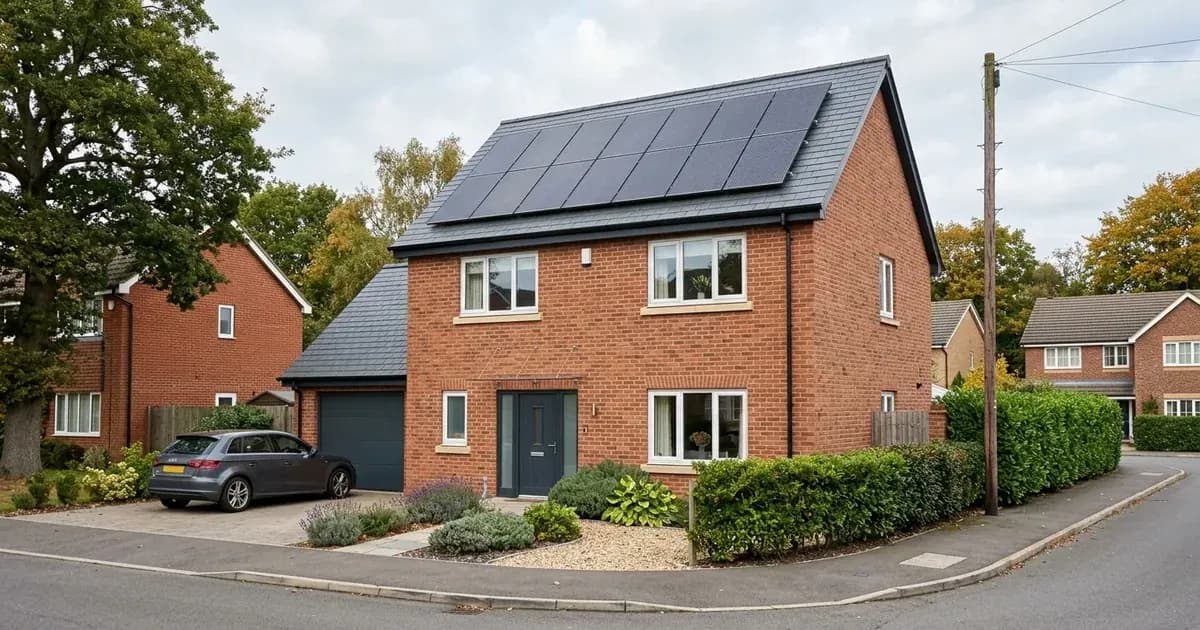 Contemporary British brick house with rooftop solar photovoltaic panels installed on the pitched slate roof. — SolarNevs spec card