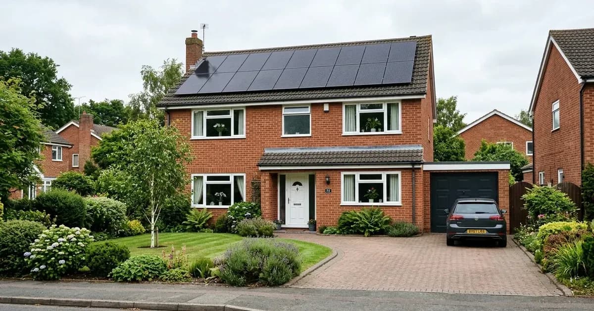 Modern UK home with dark rooftop solar panels and utility meter enclosure mounted on the exterior brick. — SolarNevs spec card