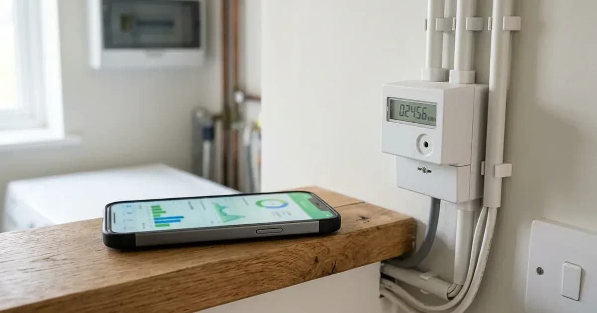 Smartphone displaying a blurred domestic energy dashboard beside an electricity meter in a UK home. — SolarNevs spec card