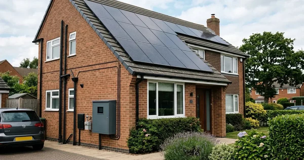 Solar panels on a British brick home roof with an external meter cabinet under daylight. — SolarNevs spec card