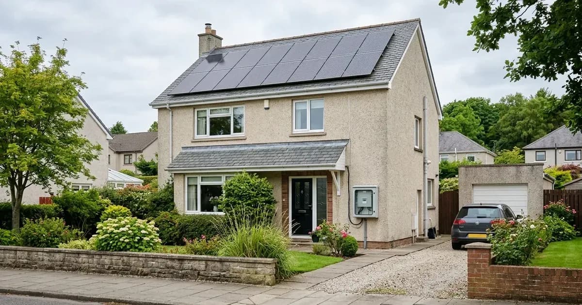 Rooftop solar panels on a Scottish detached home with an exterior utility meter box. — SolarNevs spec card