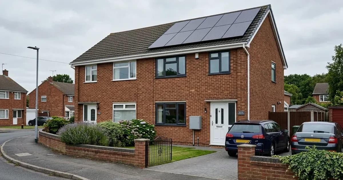 Rooftop solar photovoltaic panels on a British semi-detached brick home with an exterior meter box. — SolarNevs spec card