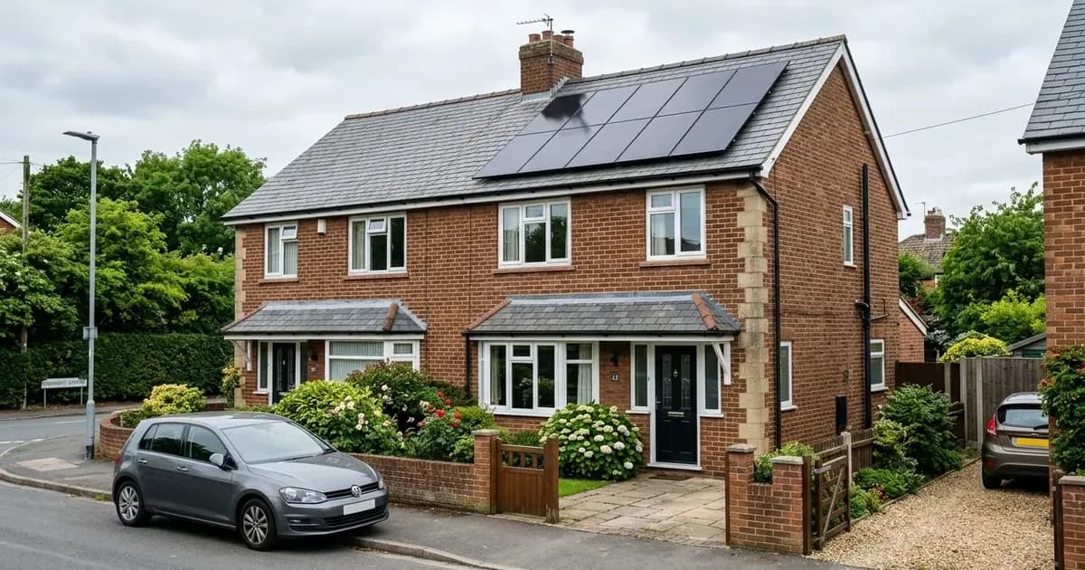 Modern black solar panels installed on the slate roof of a British semi-detached brick home. — SolarNevs spec card
