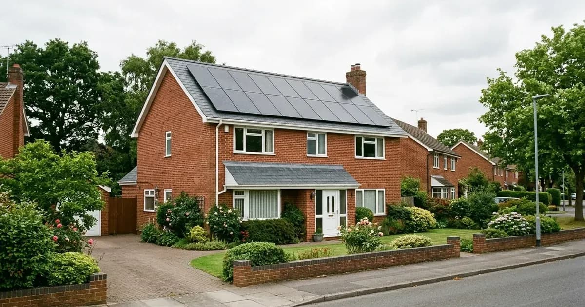 Rooftop solar panels on a detached red brick English house under soft daylight. — SolarNevs spec card