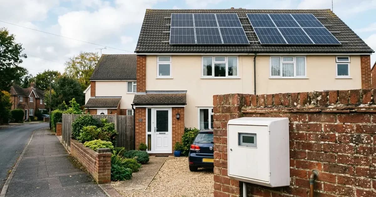 Solar panels on an English semi-detached house with an outdoor export meter cabinet mounted on a brick wall. — SolarNevs spec card