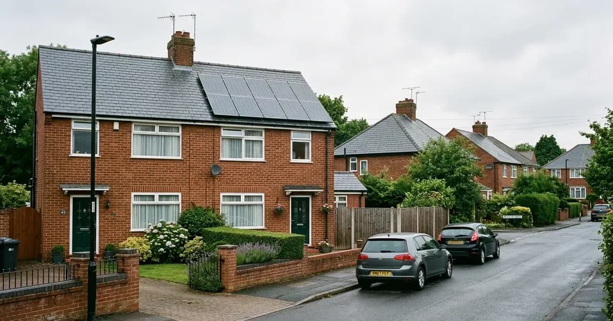 Rooftop solar panels on a semi-detached red brick home in an English residential neighbourhood. — SolarNevs spec card