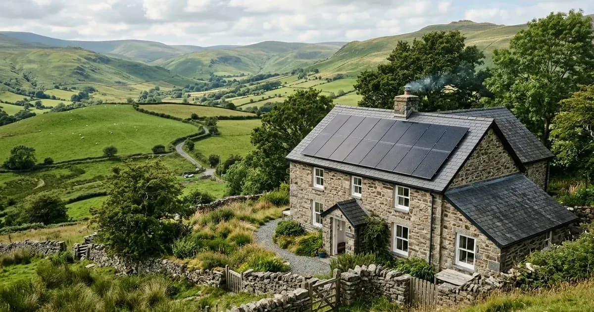 Solar panels on a slate-roofed stone house overlooking rolling green hills in Wales. — SolarNevs spec card