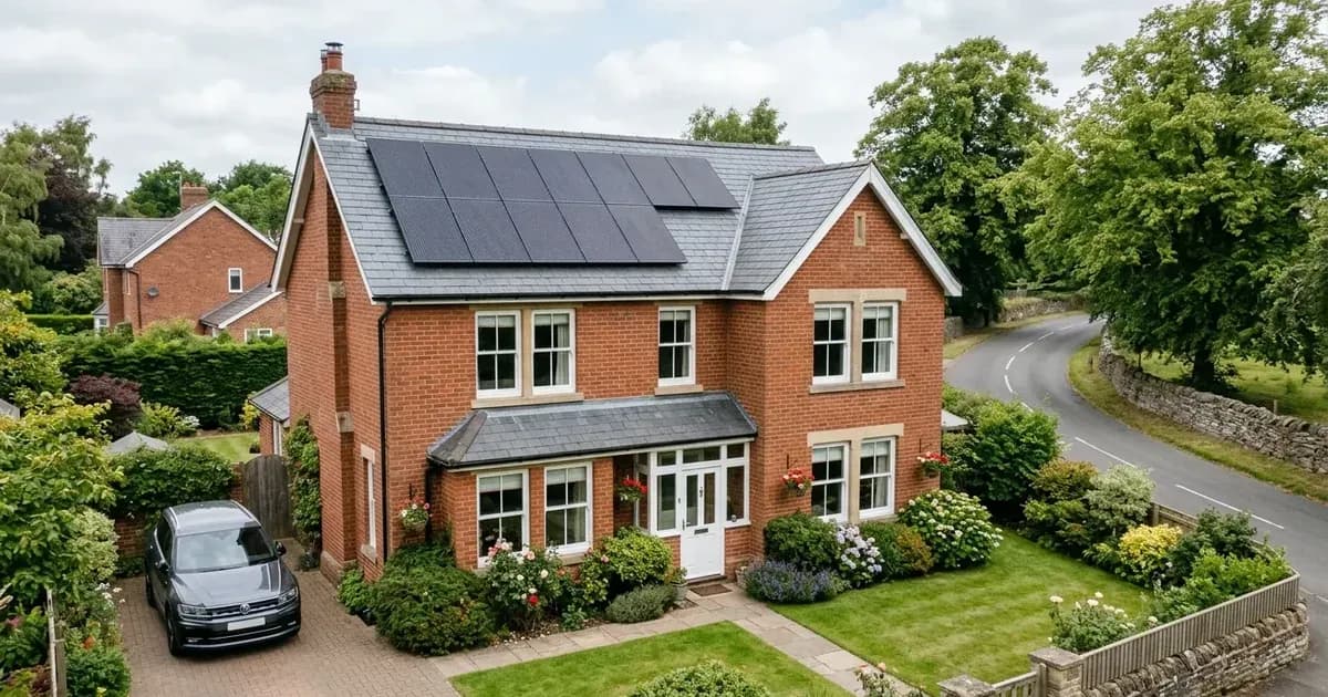 Rooftop solar panels installed neatly on the slate roof of an English brick home. — SolarNevs spec card