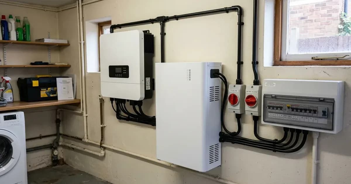 Hybrid inverter and battery storage unit wired beside a domestic consumer unit in a British garage. — SolarNevs spec card