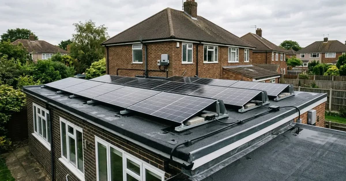 Aerodynamic ballasted solar panel mounts installed on a domestic flat roof extension in the UK. — SolarNevs spec card