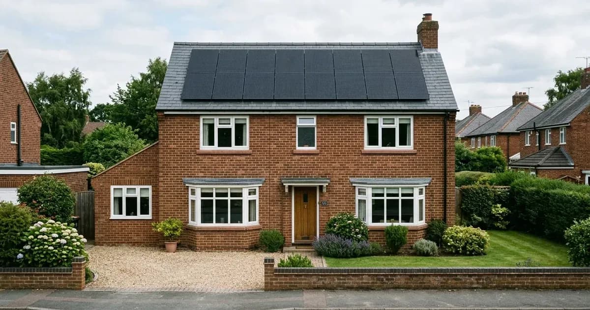 Solar panels installed flush within permitted development limits on an English house roof. — SolarNevs spec card