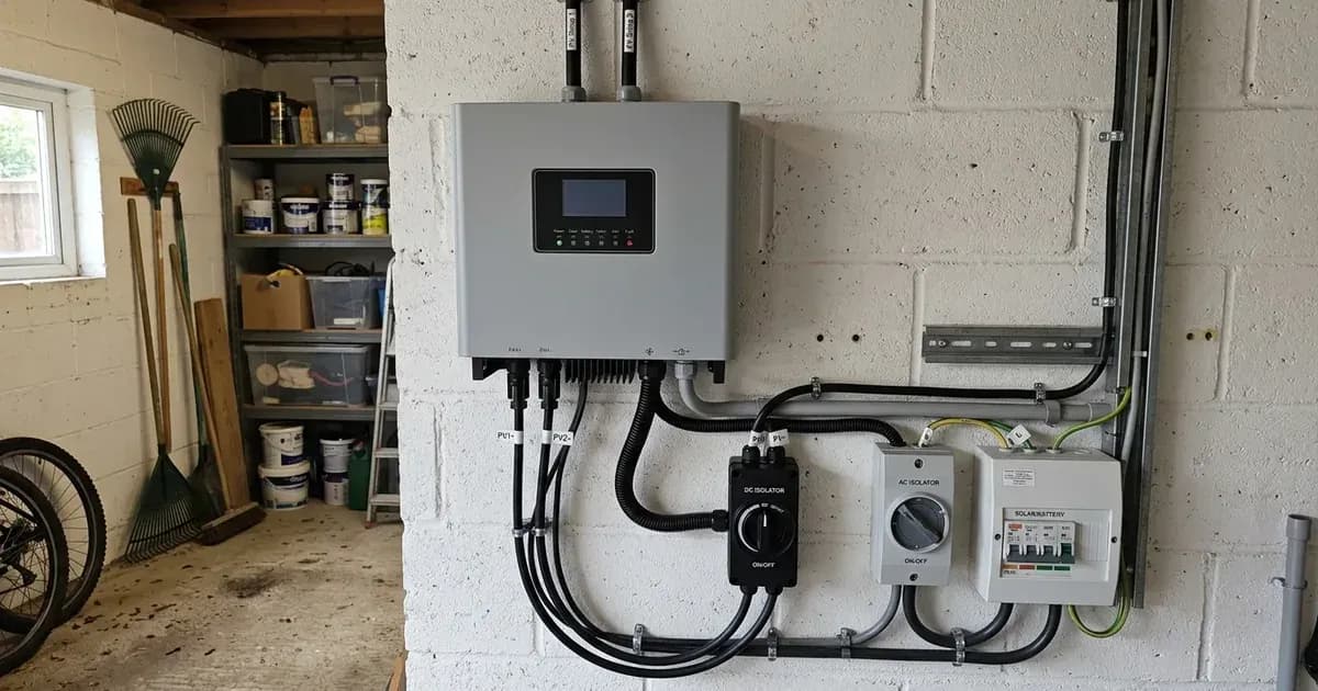 Single-phase solar inverter with DC string cables, rotary isolators, and consumer unit in a garage. — SolarNevs spec card