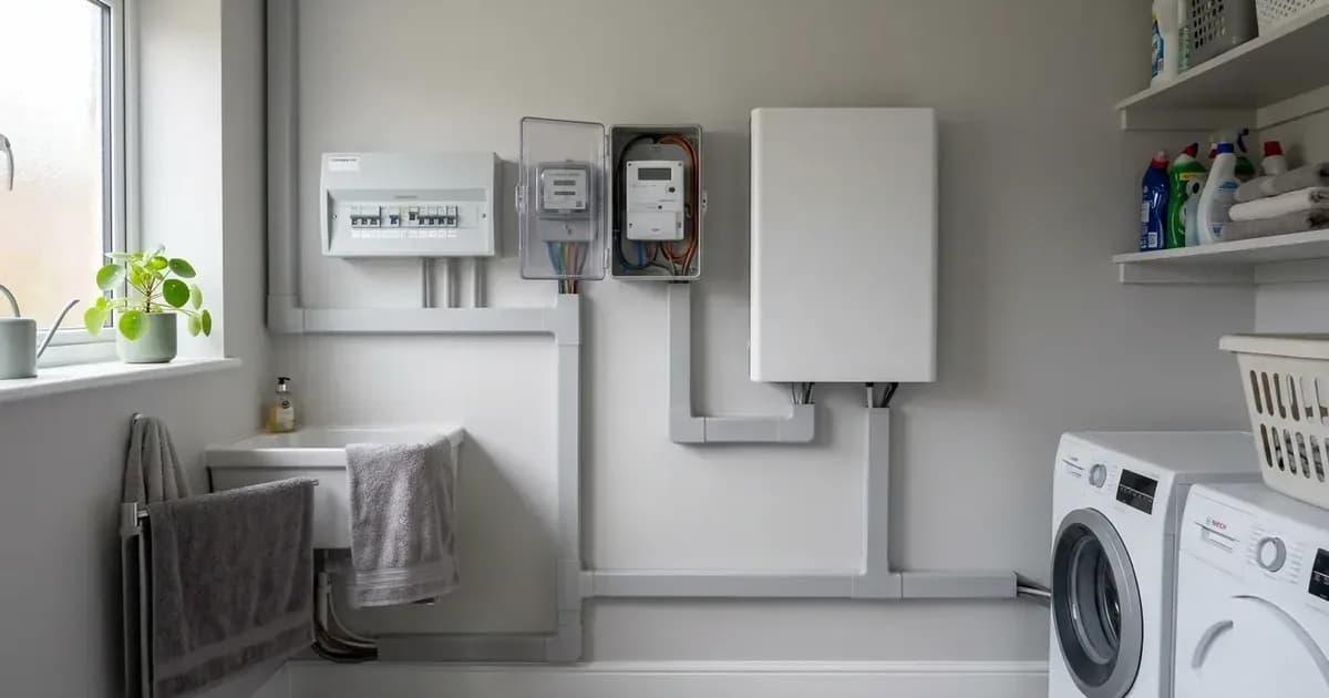 Domestic lithium battery unit and smart electricity meter installed in a British home utility room. — SolarNevs spec card