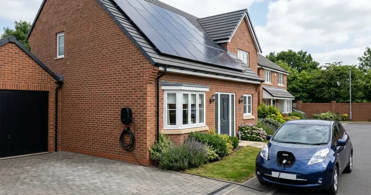 Domestic EV charger mounted on an English brick home with rooftop solar panels powering a car. — SolarNevs spec card