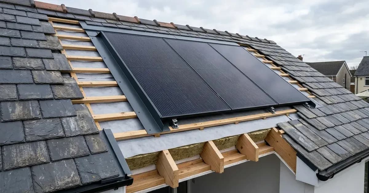 Architectural cutaway of an in-roof integrated solar array flush-fitted into a UK slate roof with flashings. — SolarNevs spec card