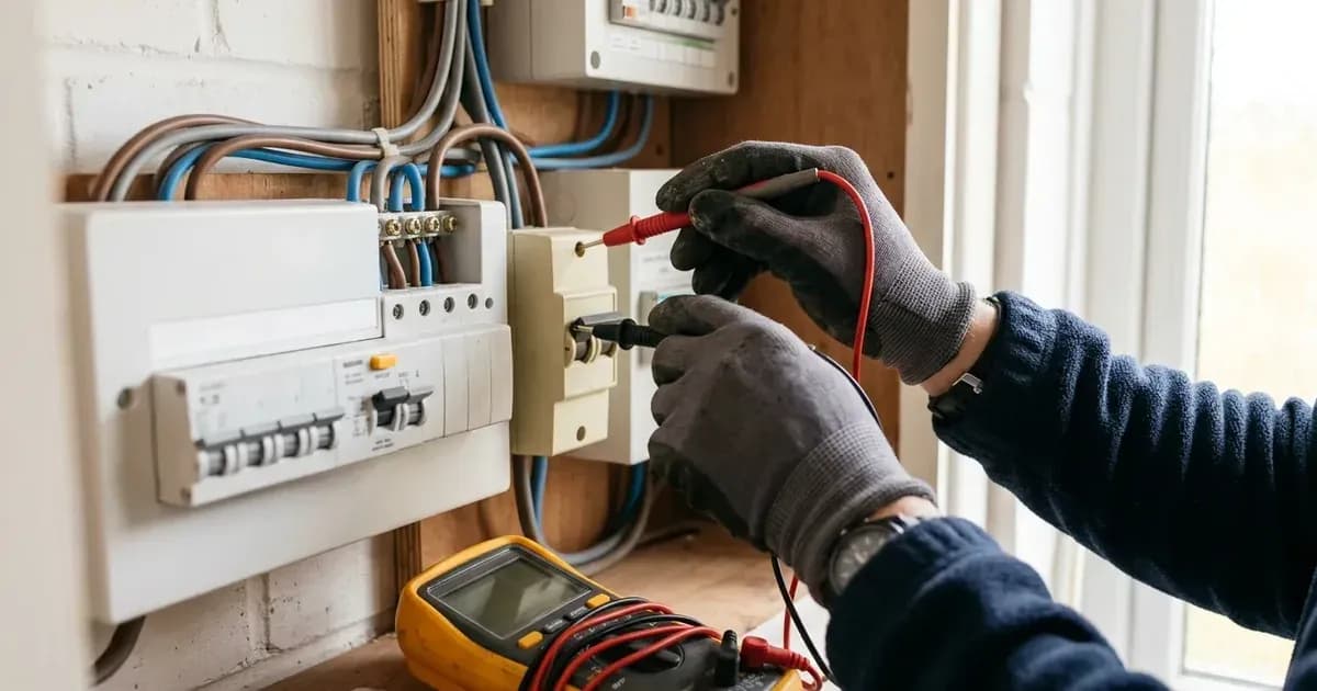 Electrician testing a domestic consumer unit and solar isolator switch with digital multimeter probes. — SolarNevs spec card