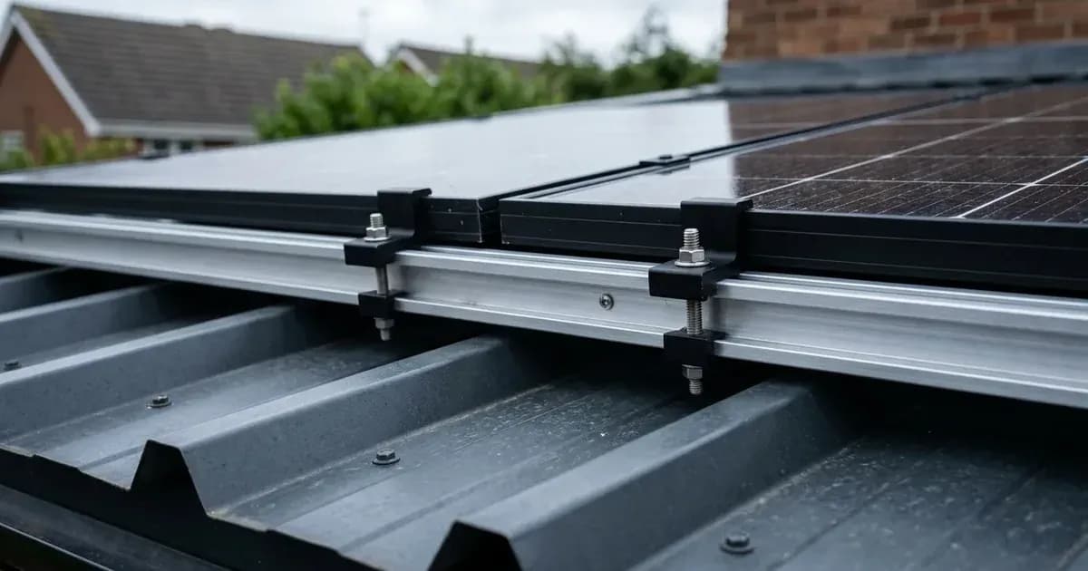 Aluminum solar mounting rail and module clamps fixed to a trapezoidal metal roof profile on a UK outbuilding. — SolarNevs spec card