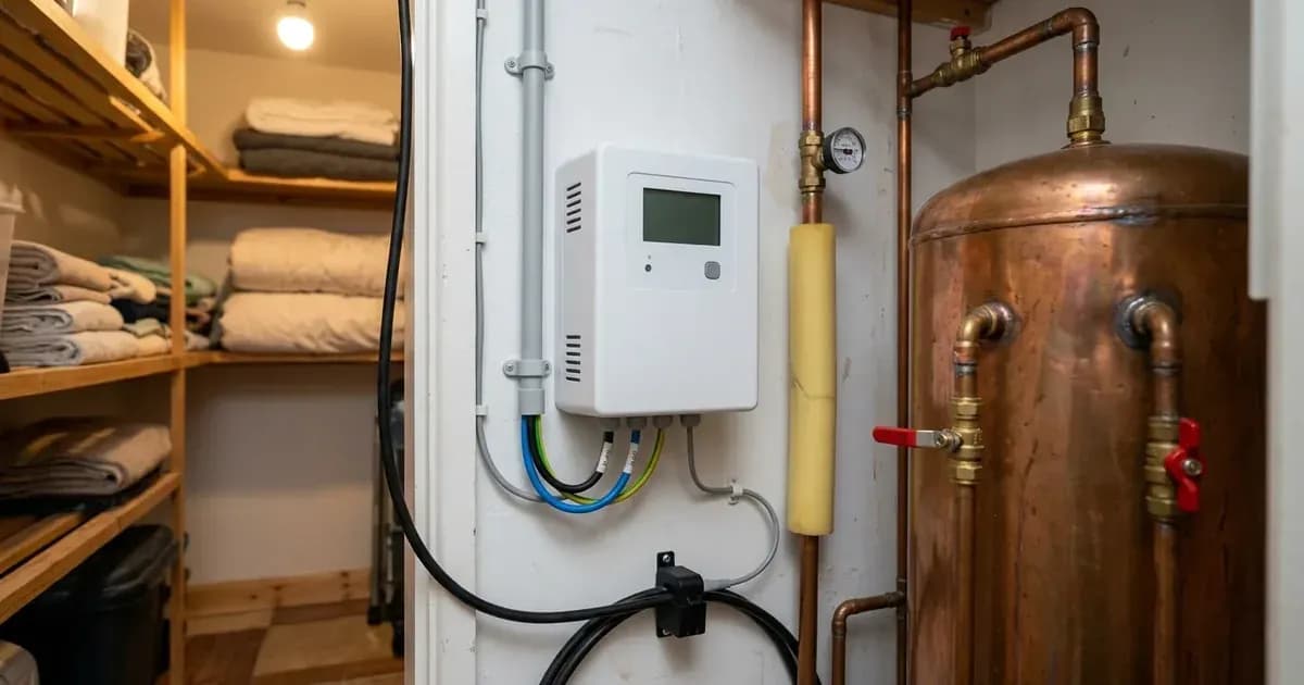 Electronic solar immersion power diverter installed beside a domestic copper hot water cylinder in a UK utility room. — SolarNevs spec card