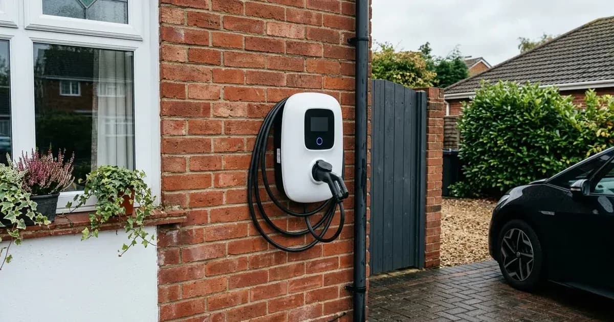 Wall-mounted solar-compatible smart EV charger on the exterior brick wall of a UK home driveway. — SolarNevs spec card