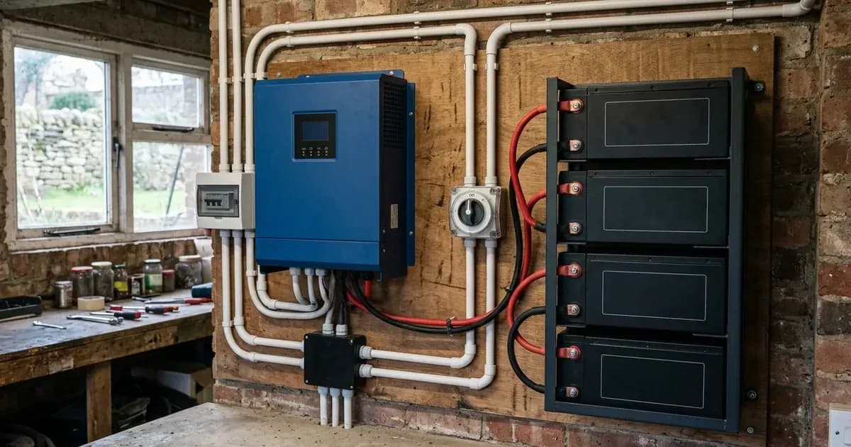 Off-grid inverter-charger and lithium battery rack mounted on plywood in a UK domestic workshop. — SolarNevs spec card