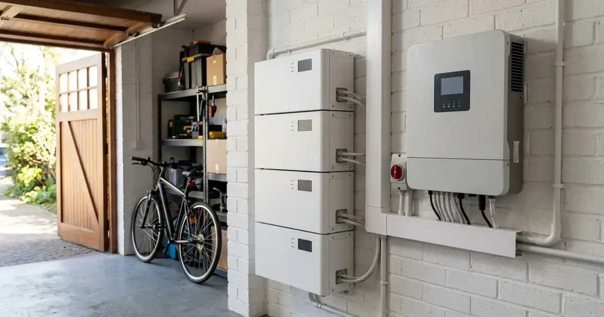 Modular residential solar battery storage units mounted in a UK garage beside a hybrid inverter. — SolarNevs spec card