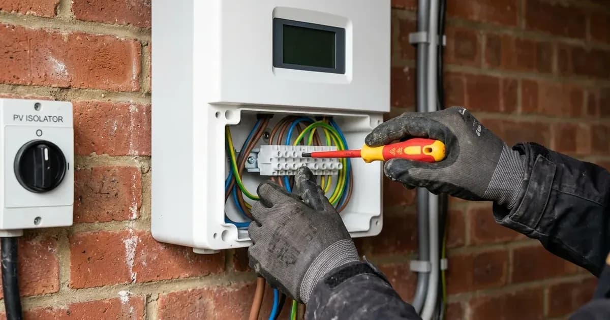 Electrician wiring terminal connections of a replacement residential solar inverter on a brick wall in the UK. — SolarNevs spec card