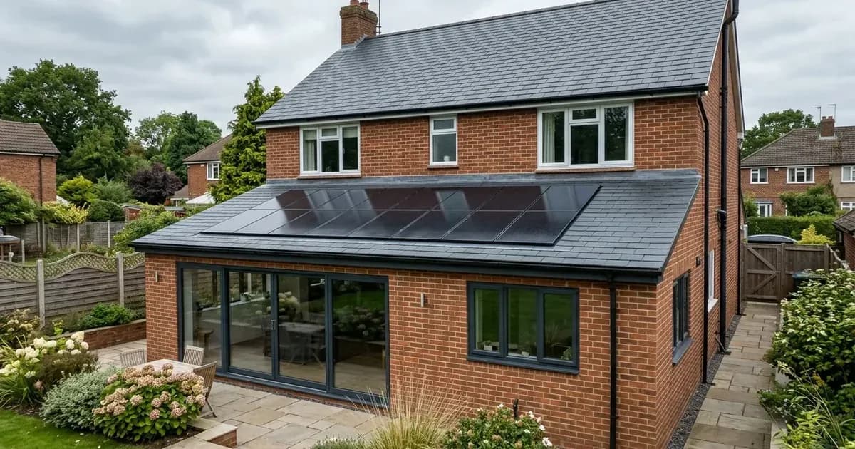 Integrated solar panel array installed on a shallow low-pitch kitchen extension roof on a UK home. — SolarNevs spec card