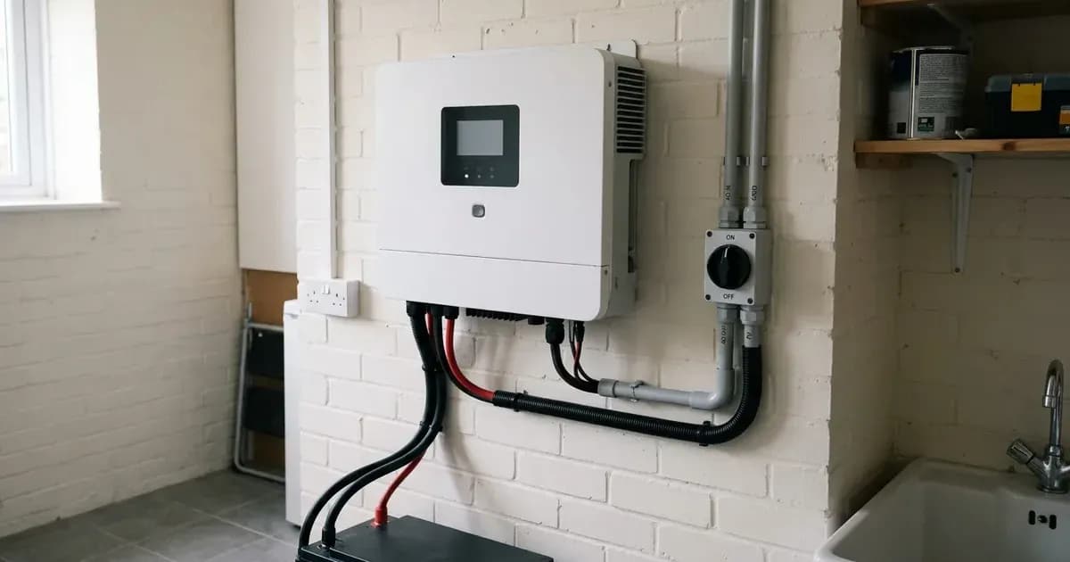 Residential solar hybrid inverter mounted on a garage wall in a UK home with tidy electrical conduit. — SolarNevs spec card
