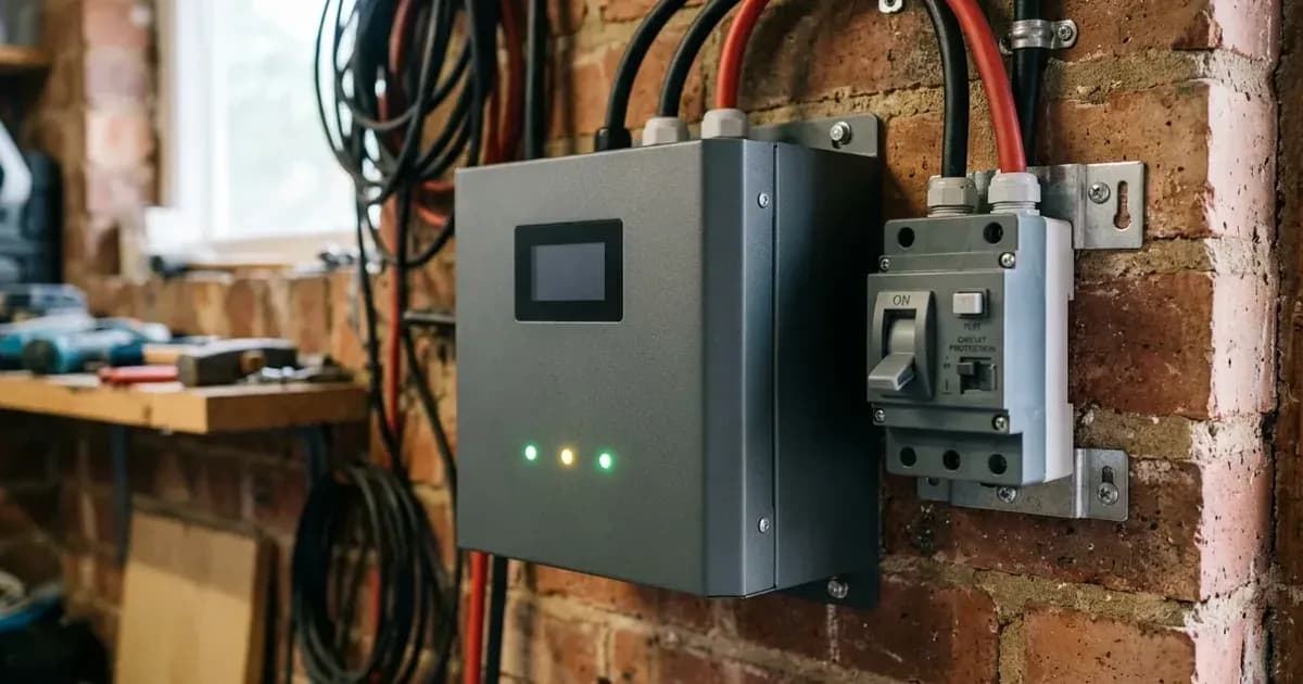 Domestic lithium battery unit and DC breaker switch mounted on a UK garage wall. — SolarNevs spec card