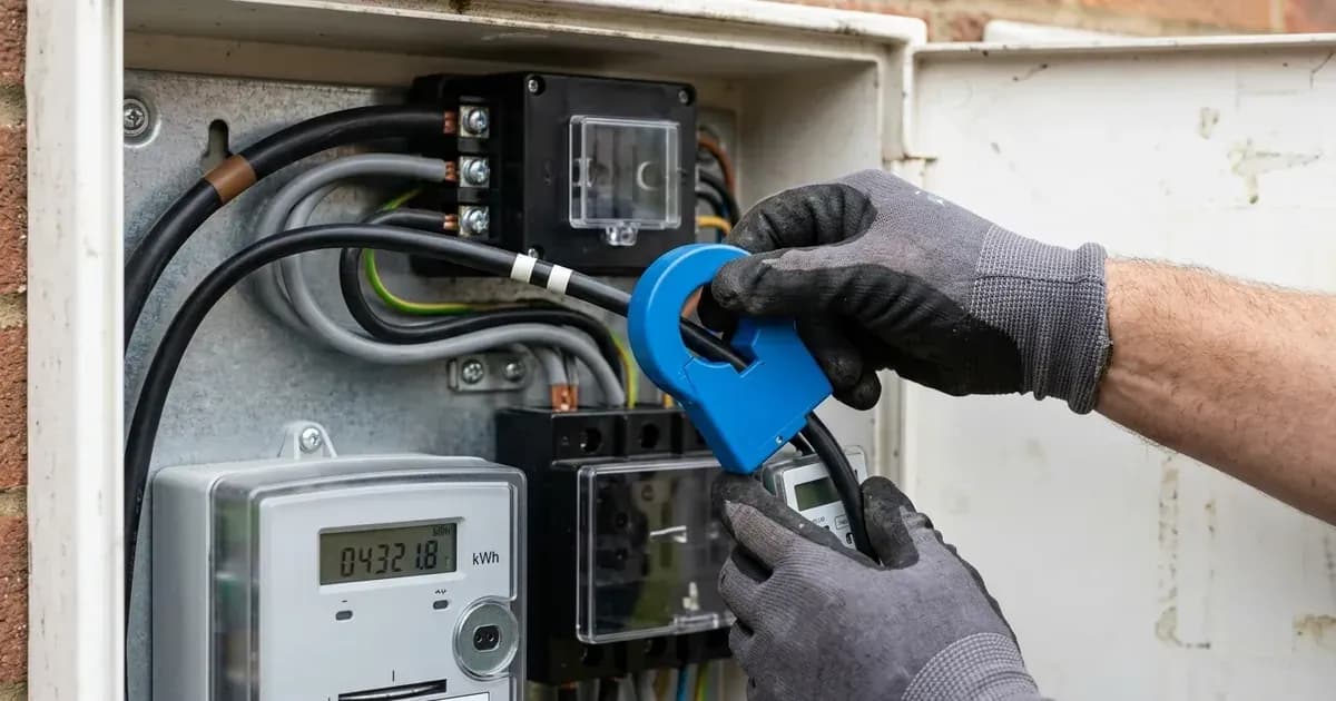 Electrician checking current transformer clamp direction around incoming meter cables in an electrical box. — SolarNevs spec card