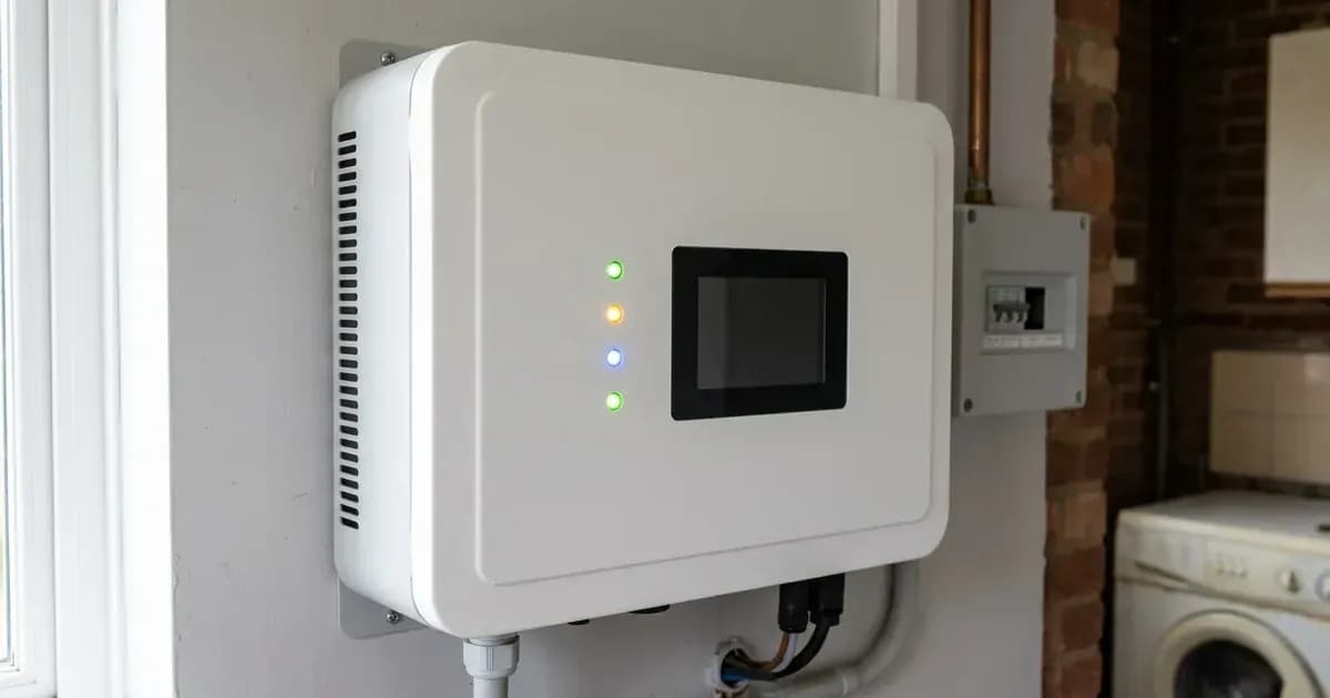 Status indicator LED panel on a residential hybrid solar inverter in a UK domestic utility room. — SolarNevs spec card
