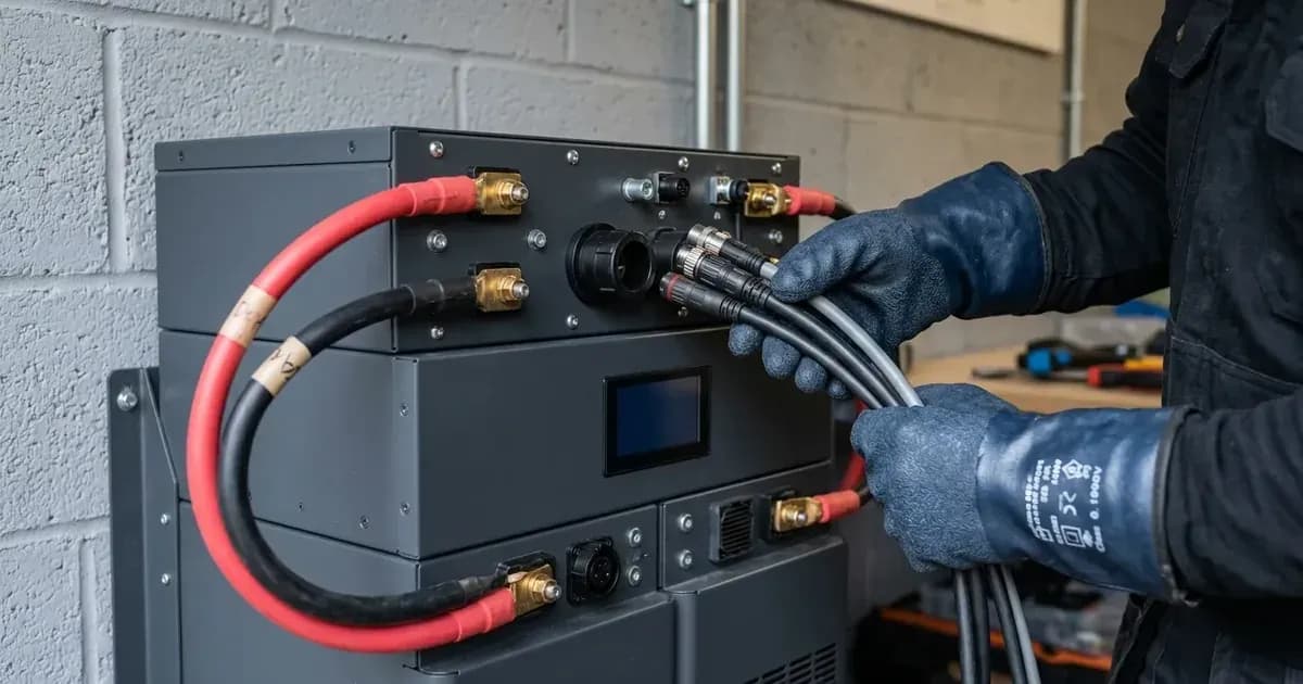 Technician inspecting the master BMS controller on a modular residential lithium battery stack. — SolarNevs spec card