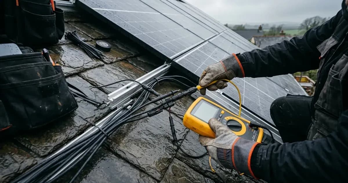 Electrician testing rooftop solar DC cable insulation resistance with an insulation resistance meter. — SolarNevs spec card