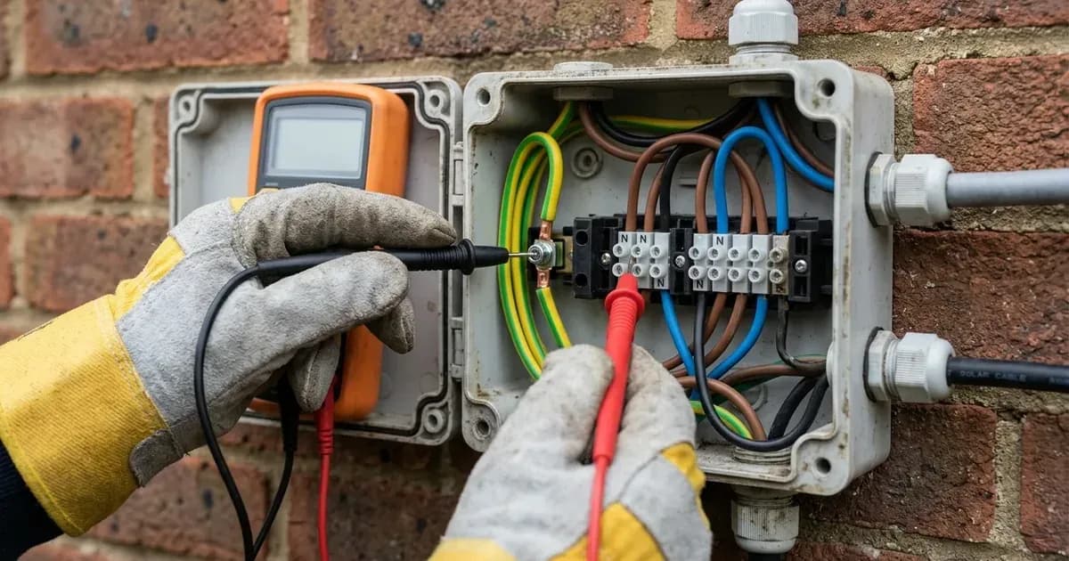Electrician measuring neutral-to-earth voltage on a residential solar inverter terminal with a multimeter. — SolarNevs spec card