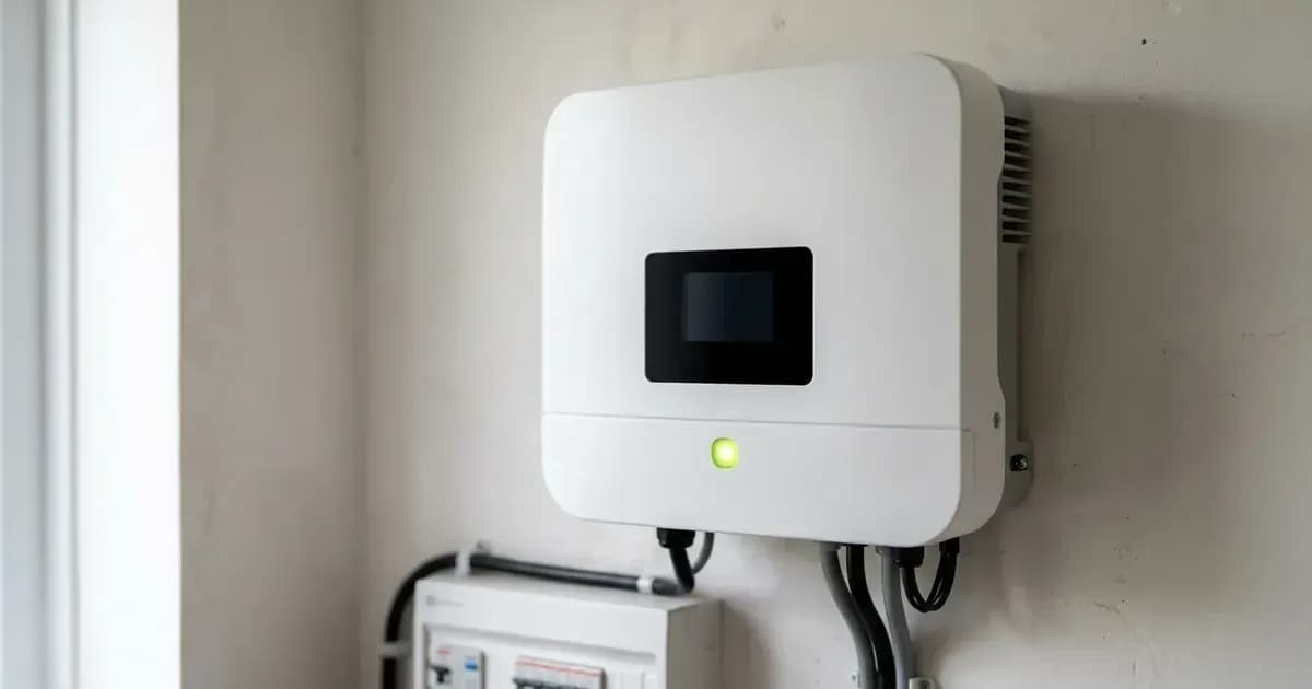 Front status display panel of a residential solar string inverter in a UK domestic utility room. — SolarNevs spec card