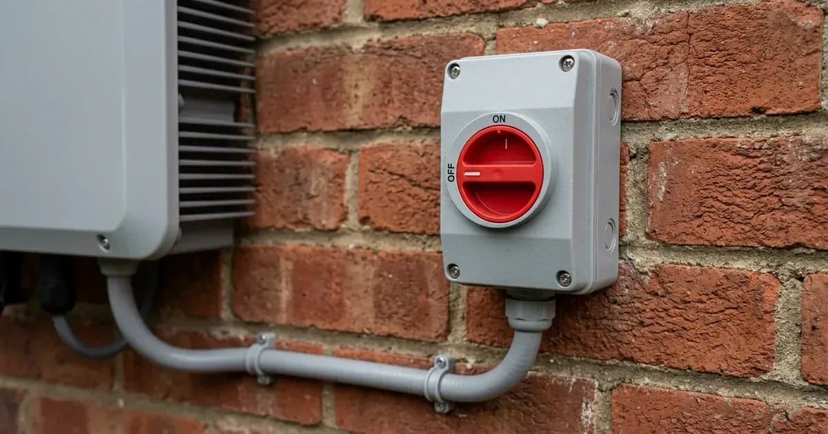 External AC rotary isolator switch mounted on a brick wall beside a UK solar inverter installation. — SolarNevs spec card