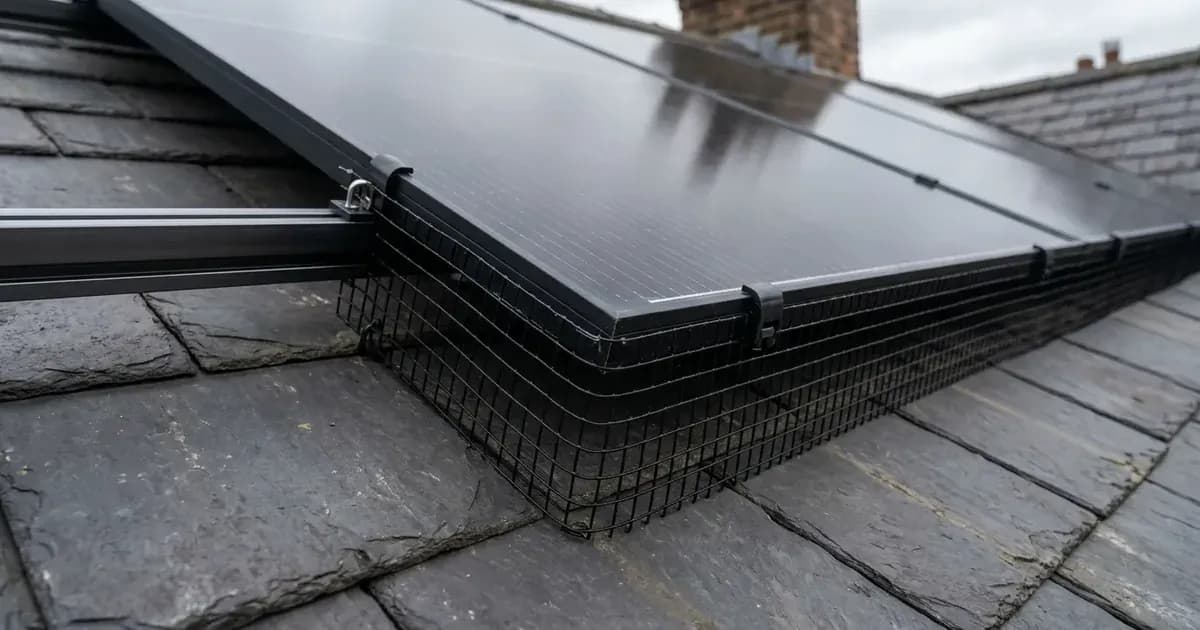 Black PVC wire mesh barrier fitted around rooftop solar panels to prevent pigeon nesting. — SolarNevs spec card