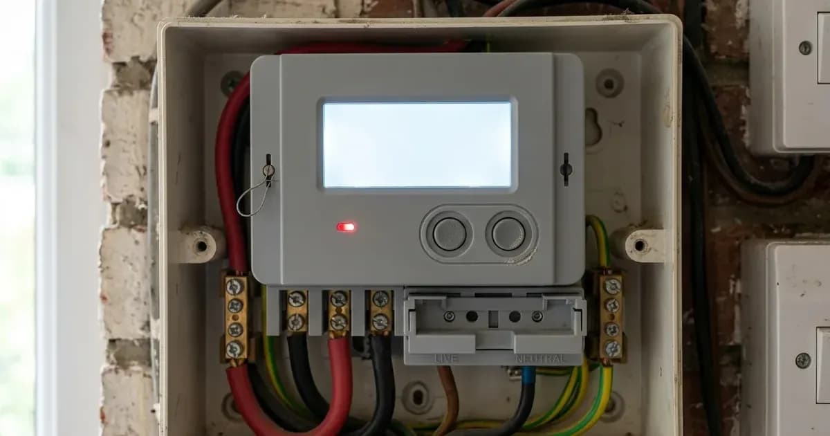 Digital display panel of a residential smart electricity meter in a UK domestic service box. — SolarNevs spec card