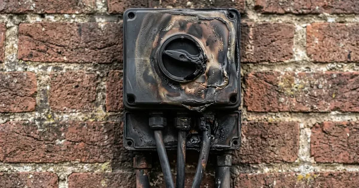 Close-up of a damaged solar DC rotary switch-disconnector showing thermal scorch marks on a brick wall. — SolarNevs spec card