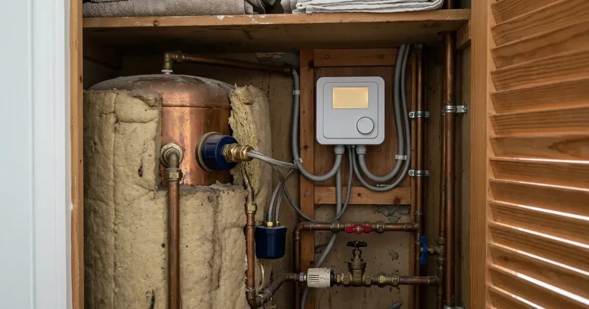 Solar immersion power diverter controller mounted beside a hot water cylinder inside a UK home airing cupboard. — SolarNevs spec card