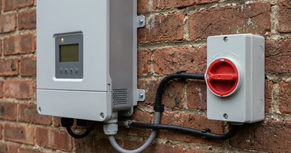 Solar string inverter with status indicator light mounted next to an external AC rotary isolator on brick. — SolarNevs spec card