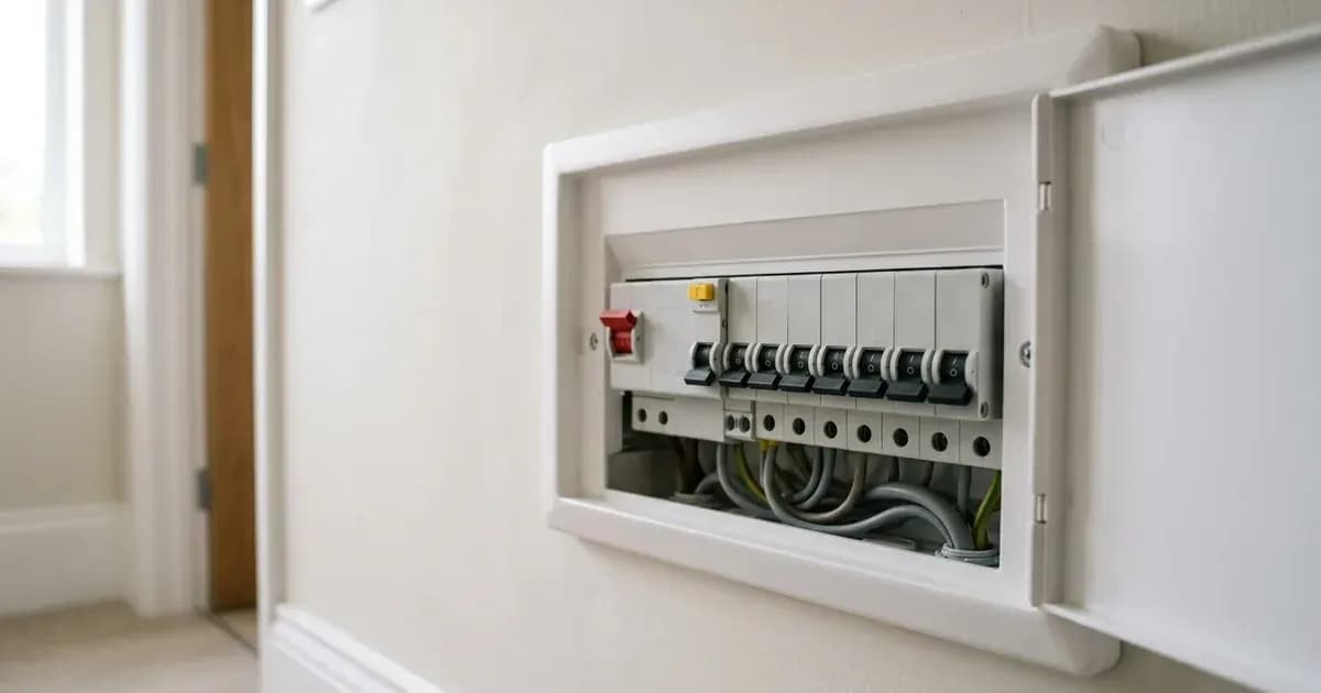 Open domestic consumer unit with circuit breakers and residual current devices in a UK home hallway. — SolarNevs spec card
