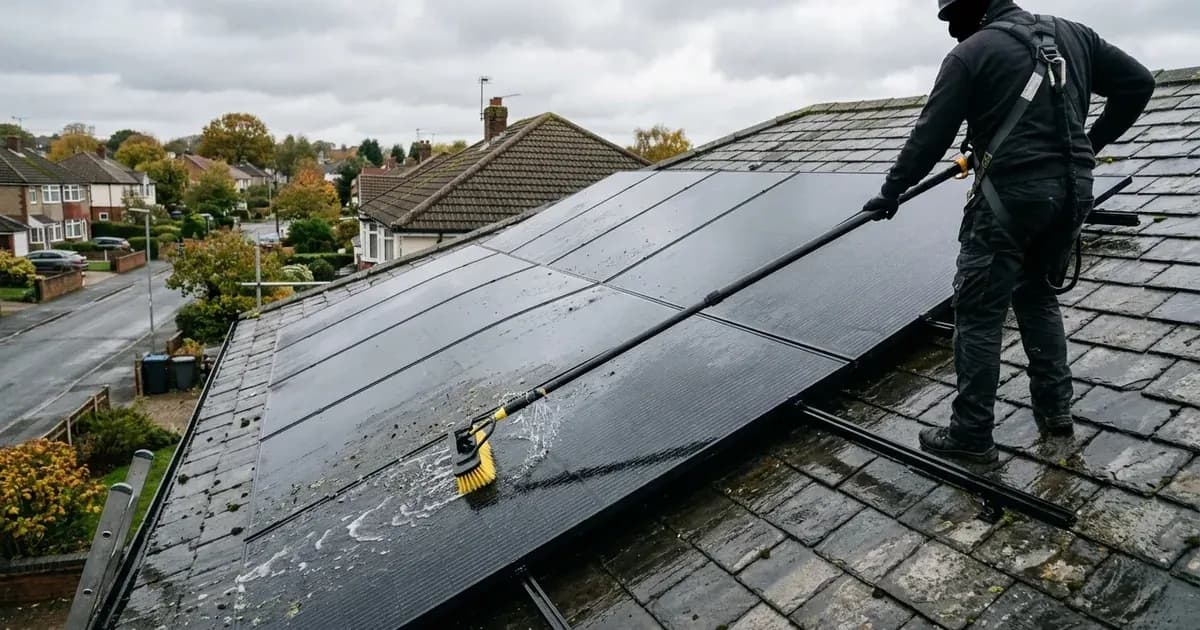 Cleaning rooftop solar panels with a water-fed telescopic pole and brush on a slate roof in the UK. — SolarNevs spec card