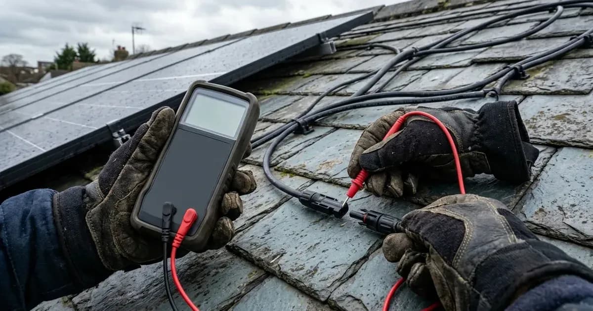Electrician testing DC string solar connectors with an insulation resistance meter on a slate roof in the UK. — SolarNevs spec card