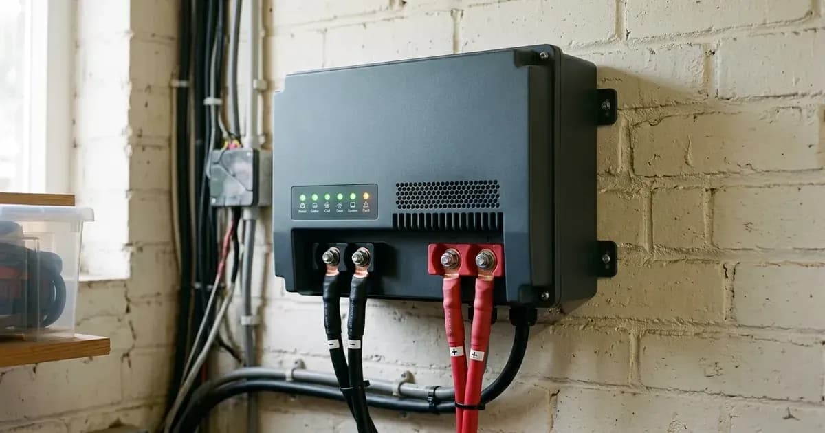 Wall-mounted residential battery management controller with status LEDs and heavy DC wiring on a UK brick wall. — SolarNevs spec card