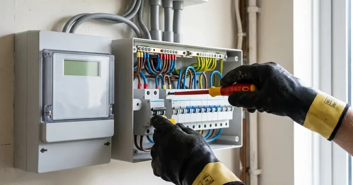 Electrician with insulated tools inspecting an AC consumer board and digital solar generation meter in a UK home. — SolarNevs spec card