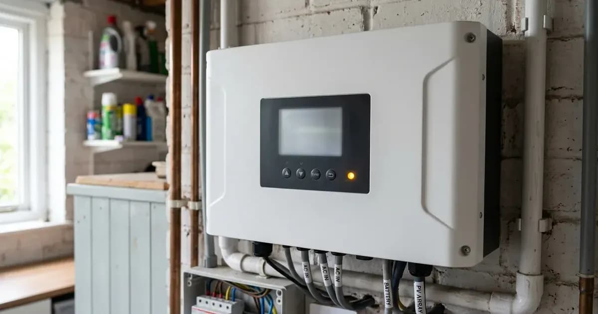 Solar inverter control panel with blank LCD display and amber warning light in a UK domestic utility space. — SolarNevs spec card