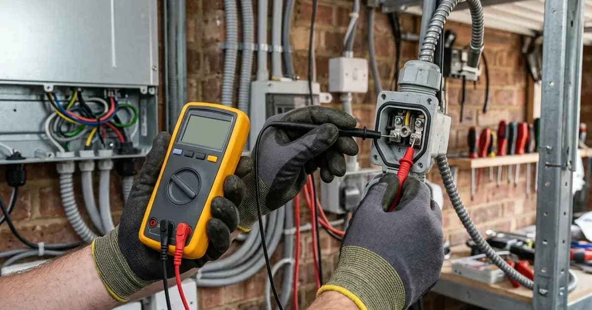 Electrician testing voltage across an isolated solar inverter AC connector block using a digital multimeter. — SolarNevs spec card