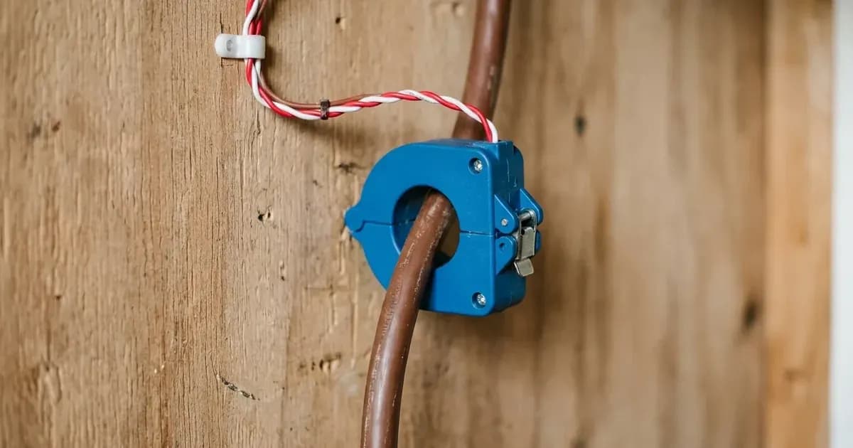 Blue split-core current transformer sensor clamp attached to a domestic mains power cable in a UK utility space. — SolarNevs spec card